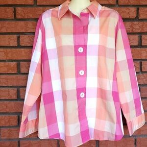 Foxcroft Wrinkle Free Shirt Size 16 Shaped Pink Orange Plaid Button Front Spring